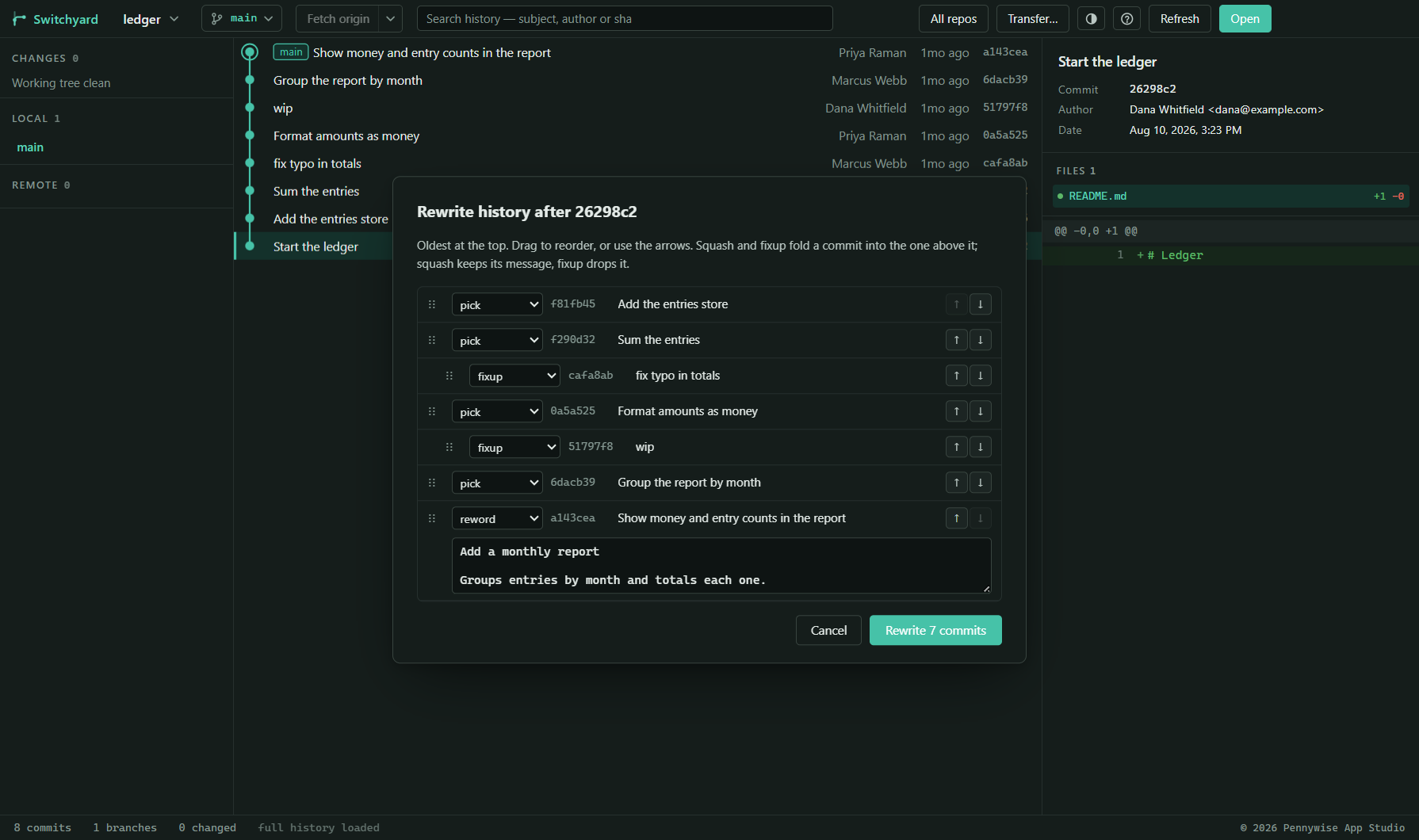 The rewrite dialog: commits oldest first, each with pick, reword, squash, fixup or drop, and arrows to reorder